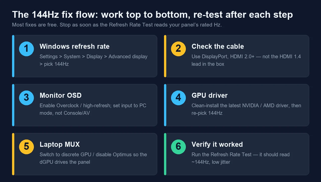 Six-step fix flow for a 144Hz monitor stuck at 60Hz