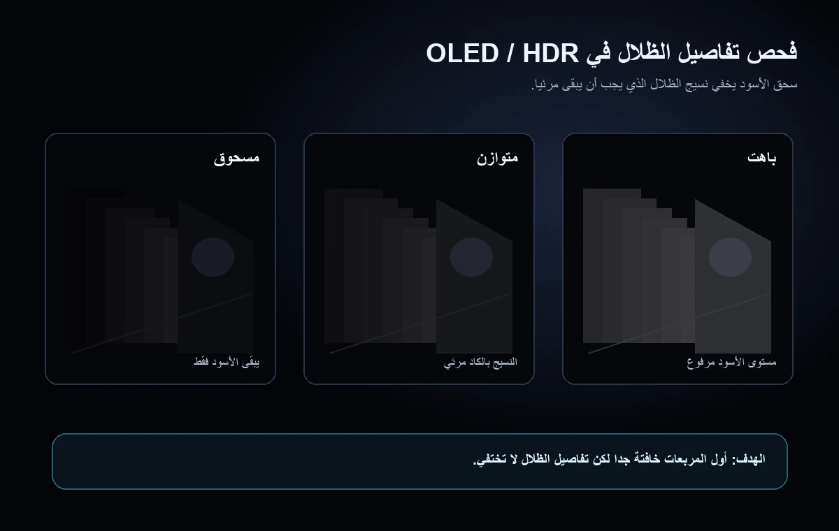 مقارنة تفاصيل الظلال في OLED وHDR بين الأسود المسحوق والمتوازن والرمادي