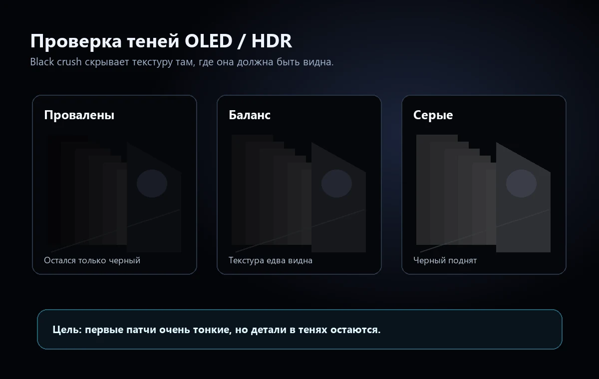 Сравнение деталей в тенях OLED и HDR при проваленном сбалансированном и сером чёрном