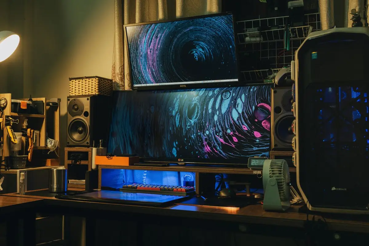 Dual-monitor gaming PC setup where Windows pointer speed and in-game sensitivity are adjusted