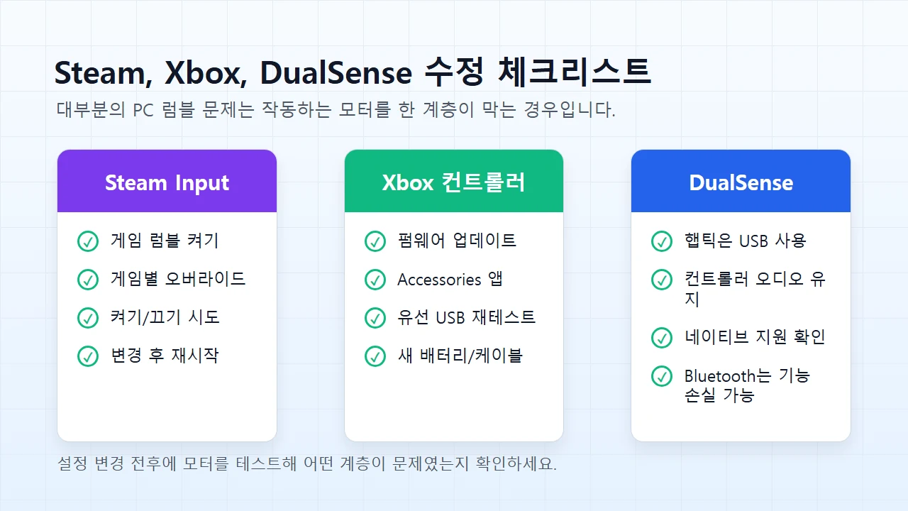 Steam Input은 켜기와 끄기를 둘 다 테스트 / Xbox 컨트롤러: 펌웨어, 프로필, 배터리, 케이블 확인 / DualSense: 유선 햅틱, 오디오 장치, 네이티브 지원