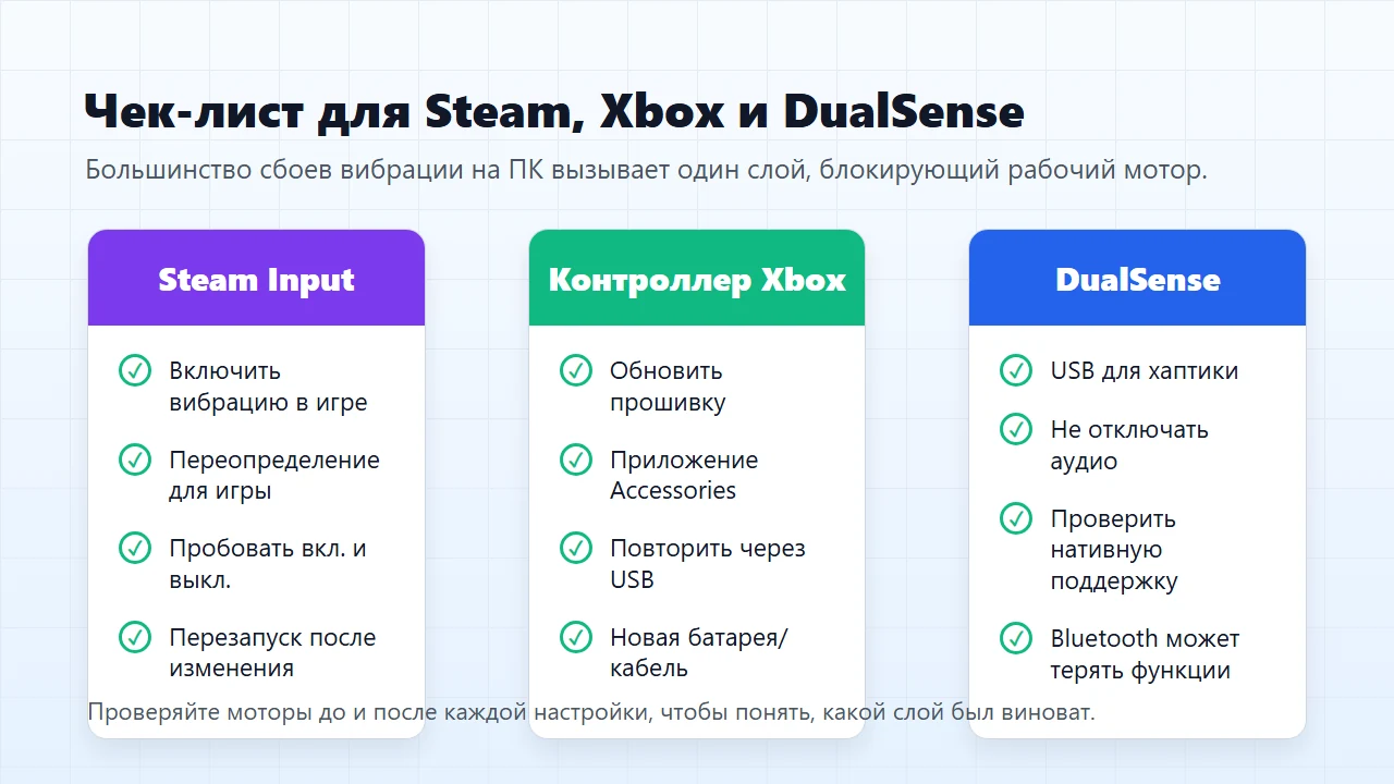 Steam Input: проверьте и включение, и отключение / Xbox-контроллеры: прошивка, профиль, батарея и кабель / DualSense на ПК: USB, аудиоустройство и нативная поддержка