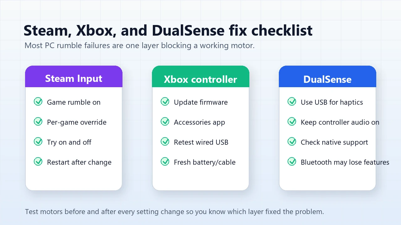 Steam Input: Try Both Enabled and Disabled / Xbox Controllers: Check Firmware, Profile, Battery, and Cable / DualSense on PC: Wired Haptics, Audio Device, and Native Game Support