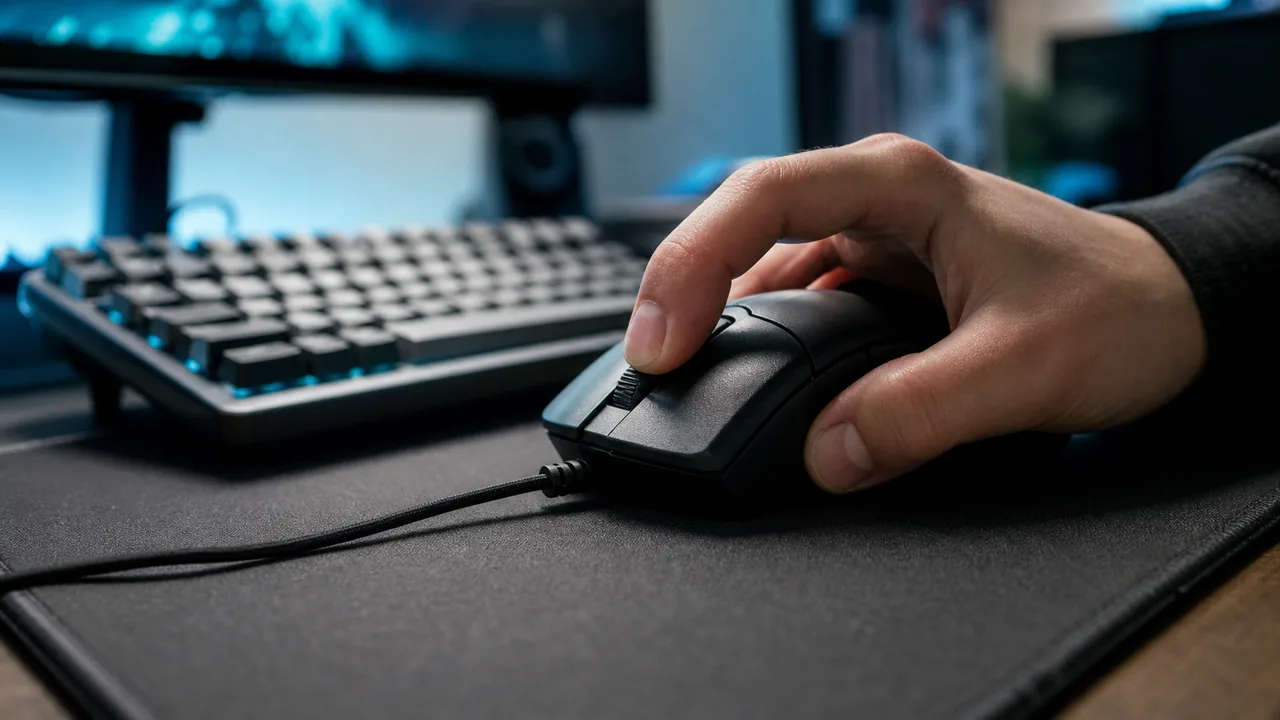 Gamer hand drag clicking on a wired gaming mouse during a drag click test