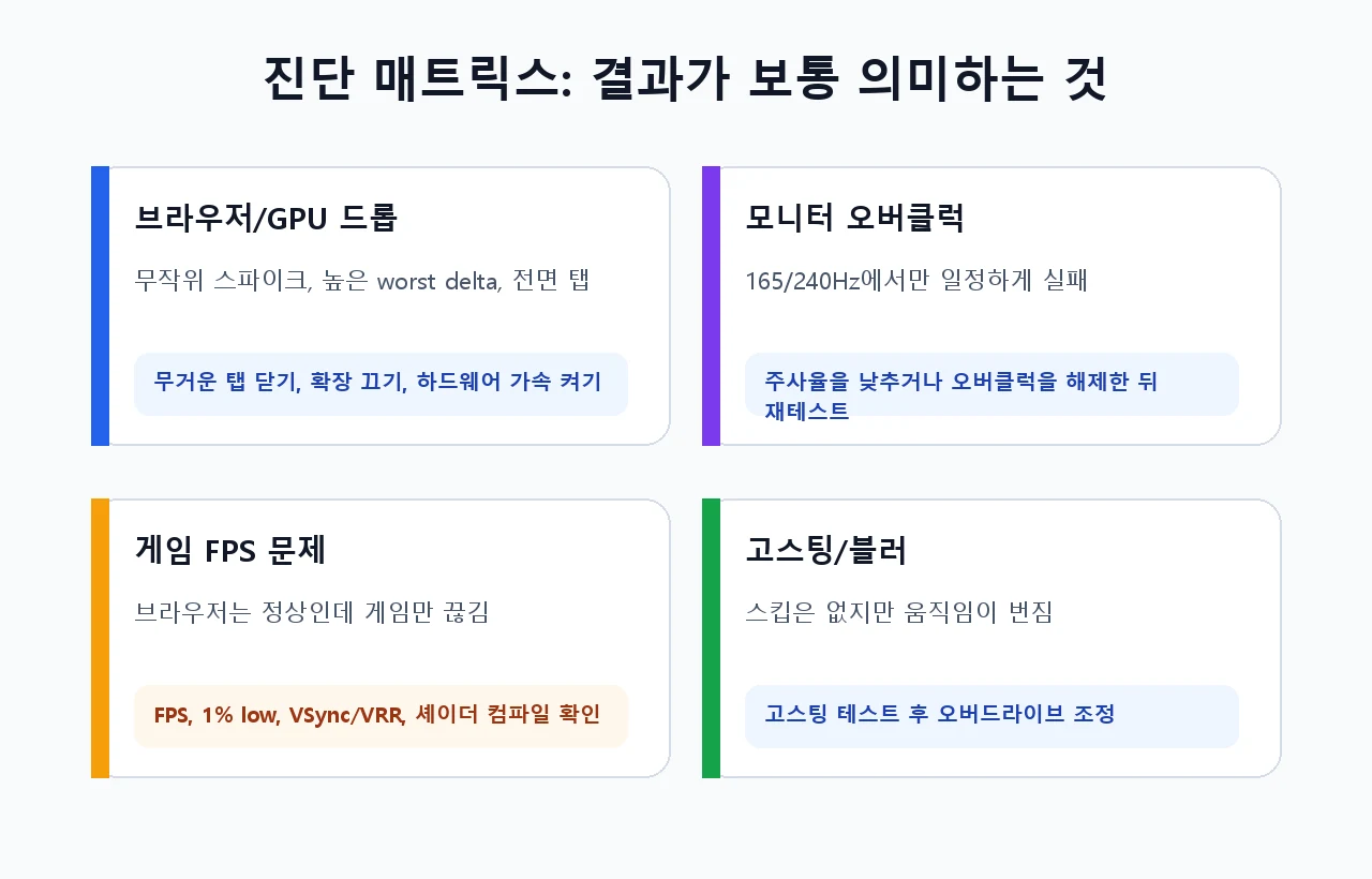 브라우저, GPU, 모니터, 게임 원인을 나누는 프레임 스킵 진단 매트릭스