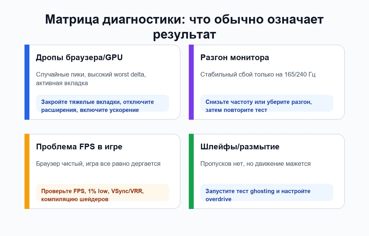 Матрица диагностики причин пропуска кадров: браузер, GPU, монитор, игра