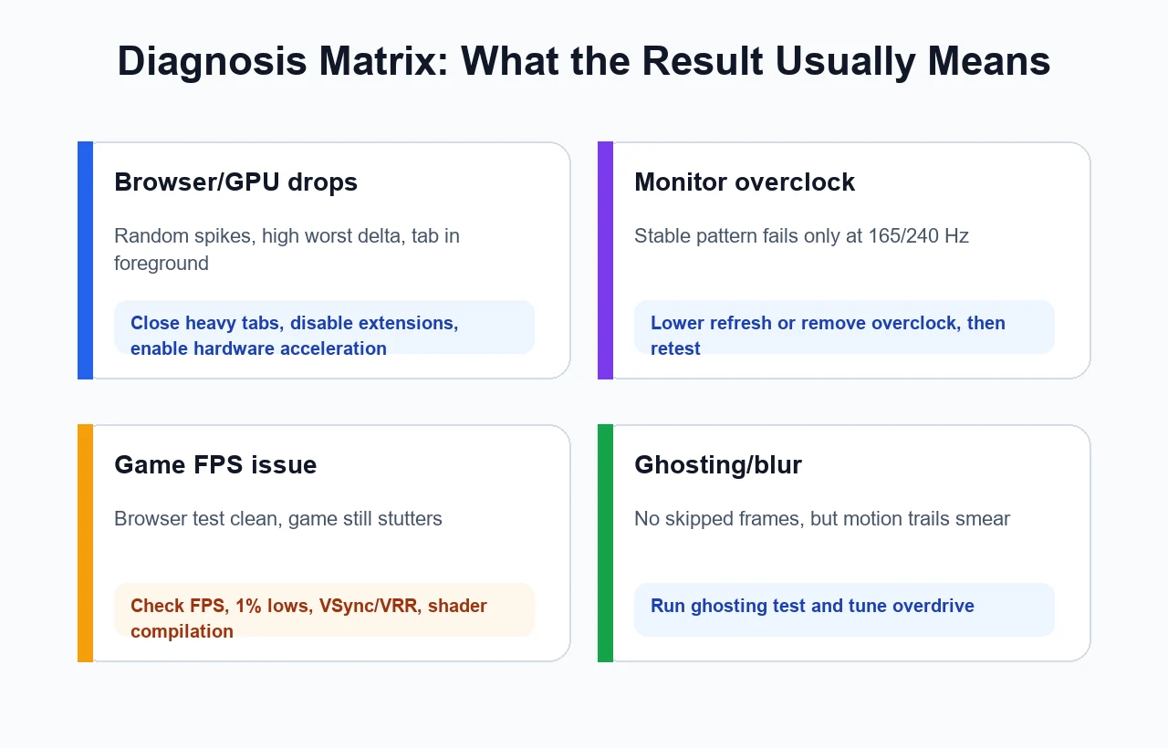 Diagnosis matrix for browser, GPU, monitor, and game frame skipping causes