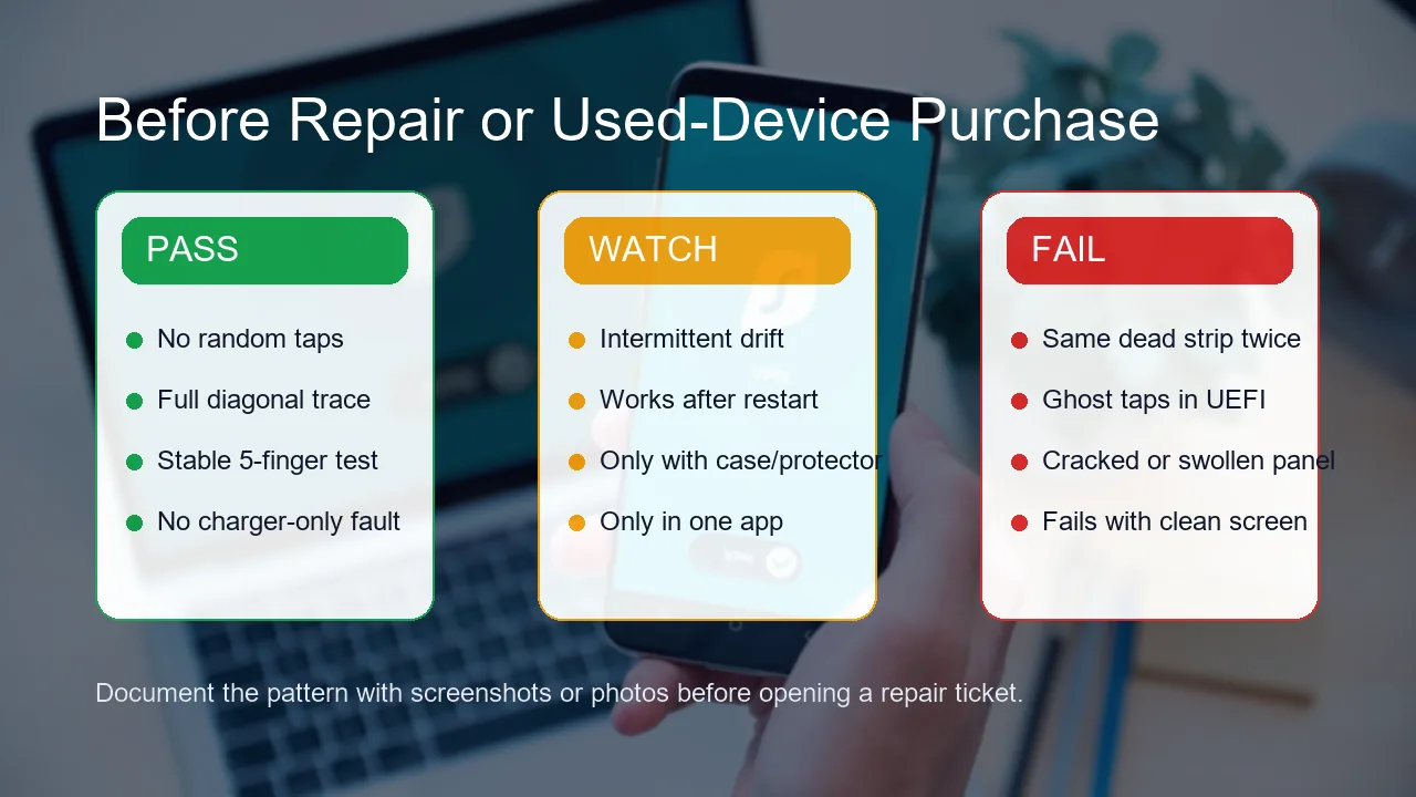Pass watch fail decision matrix for ghost touch repair and used touchscreen purchase checks