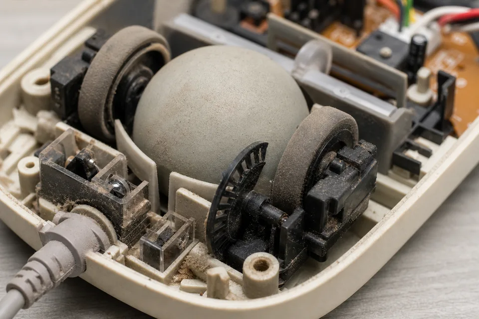 Opened mechanical ball mouse showing the rubber ball, two rollers, and internal encoder parts