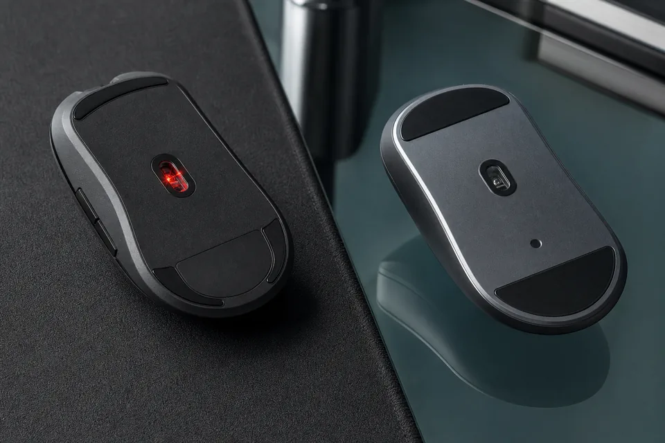 Undersides of modern mice showing an optical red sensor on a cloth pad and a laser-style sensor over glass