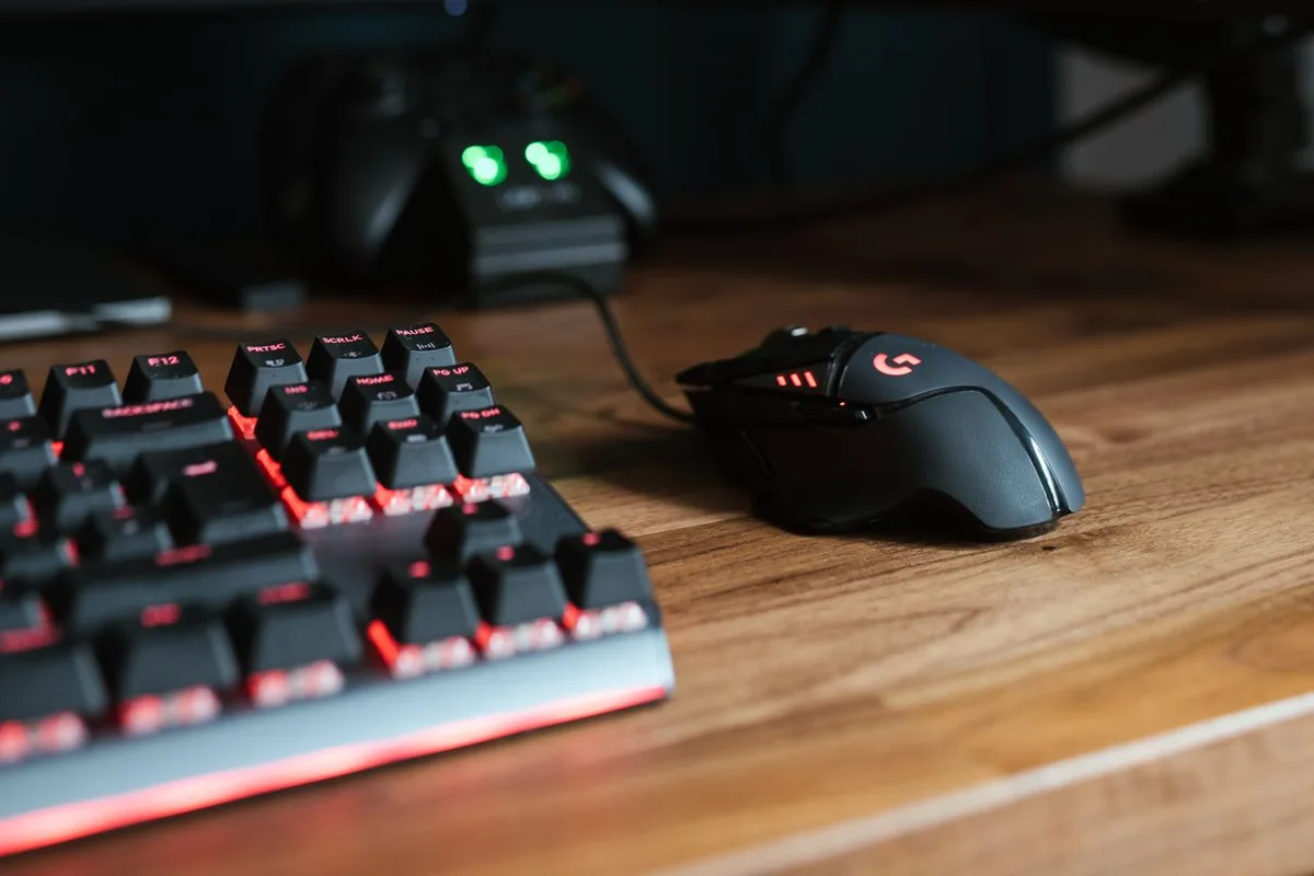 Mouse gaming dan keyboard di meja untuk cek DPI mouse