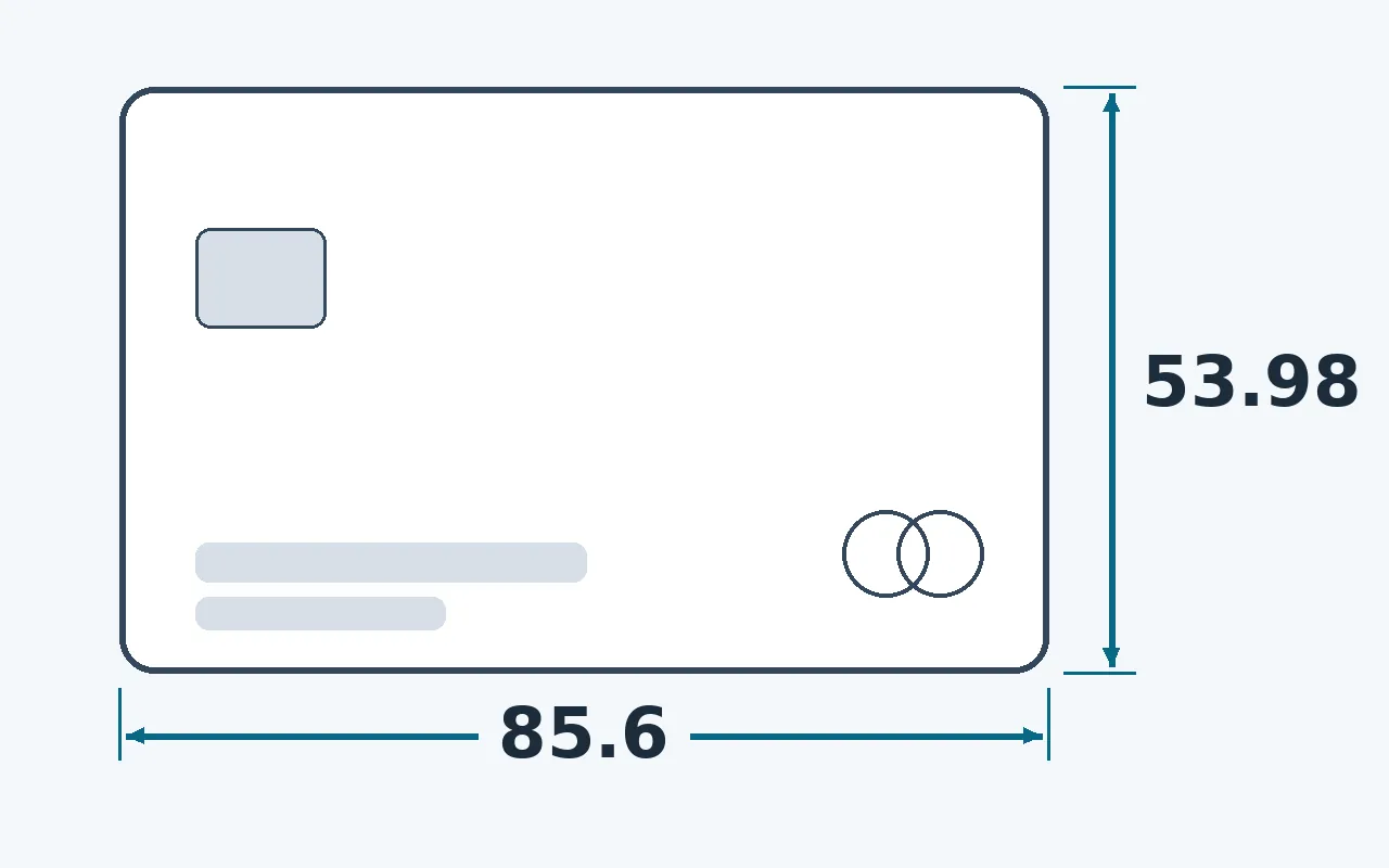 Flat graphic of a bank card outline with dimension arrows marking 85.6 by 53.98 millimetres