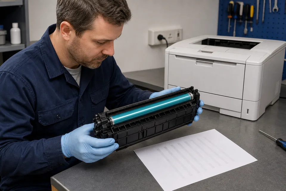 Technician wearing gloves inspecting a laser-printer cartridge and exposed green drum surface