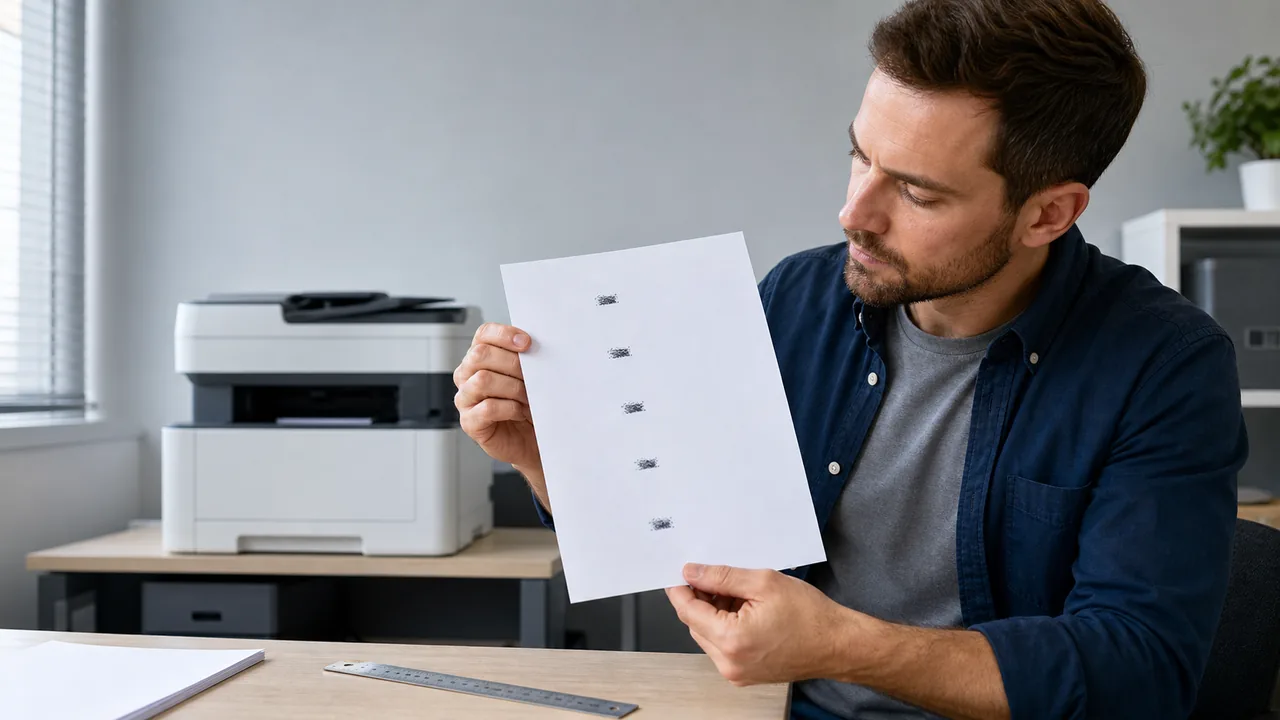 Office worker comparing evenly spaced marks on a printed page beside a laser printer