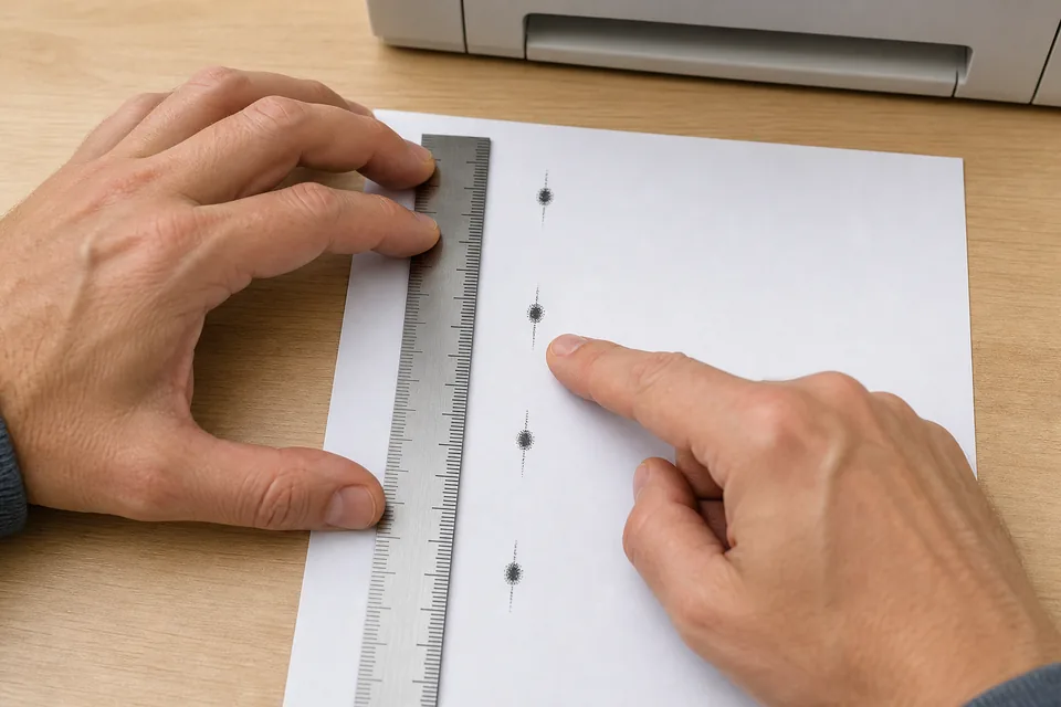 Hands measuring the centre-to-centre distance between repeating black dots on a laser-printer page