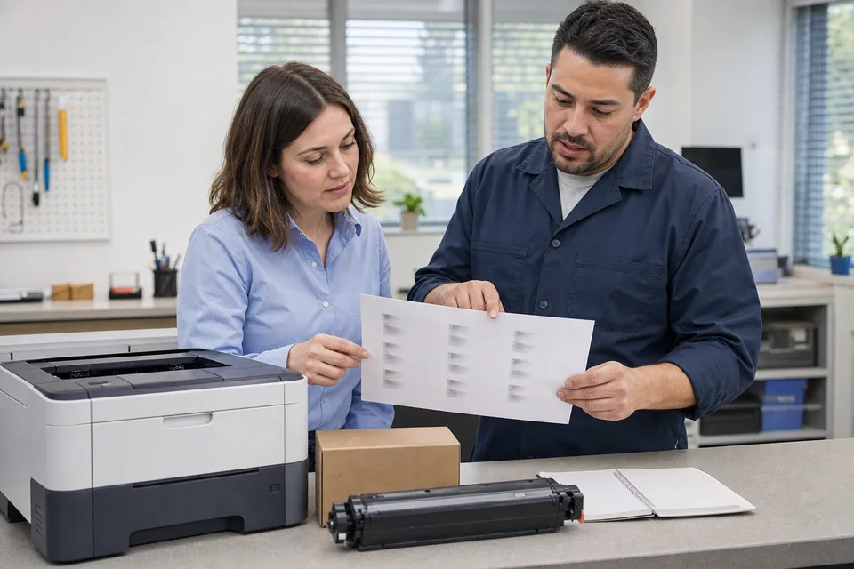 Printer owner and technician comparing a marked test page beside a laser printer and cartridge