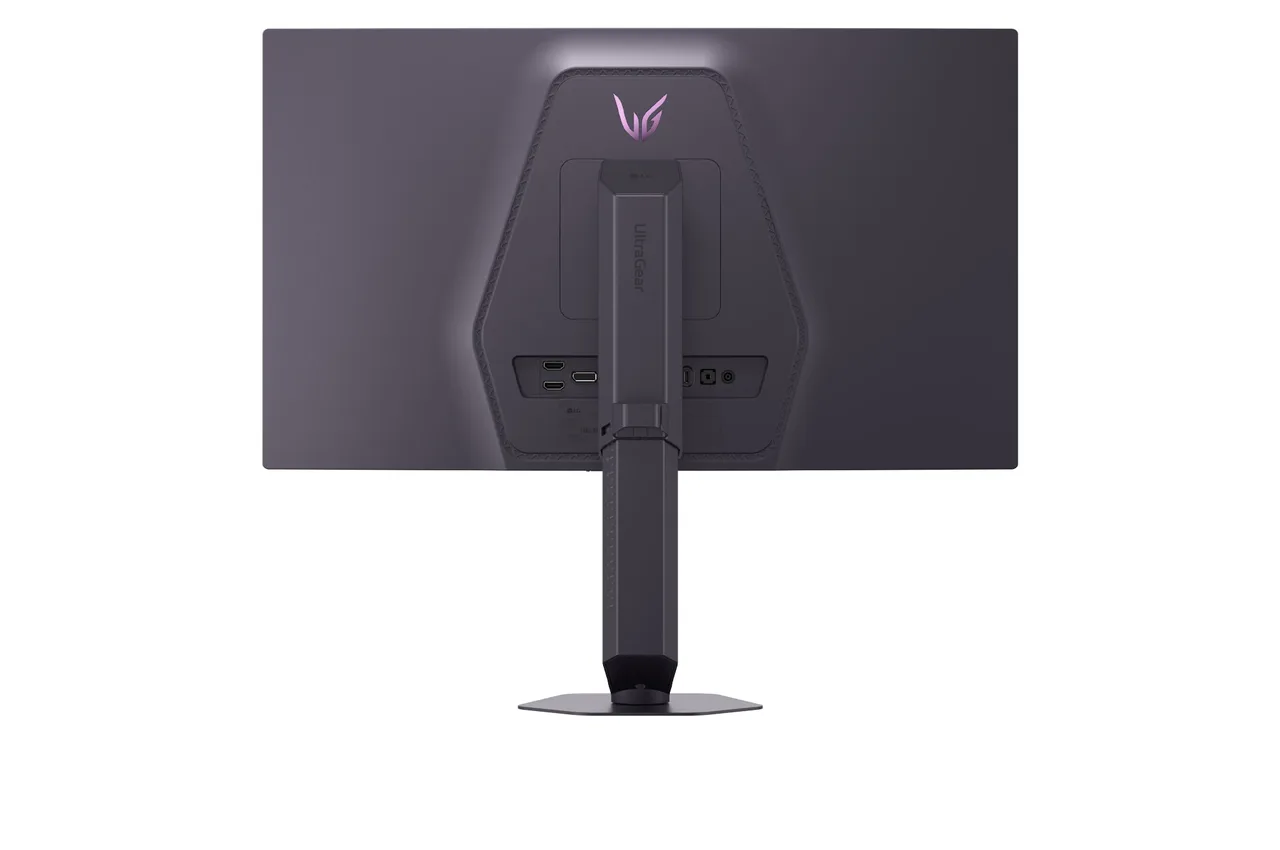 Rear view of the LG UltraGear 25G590B showing its DisplayPort 2.1, dual HDMI 2.1, and USB-C connections