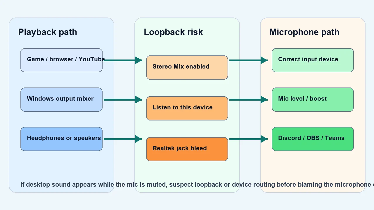 Diagram showing playback path, loopback risk points, and microphone path for Windows 11 desktop audio bleed