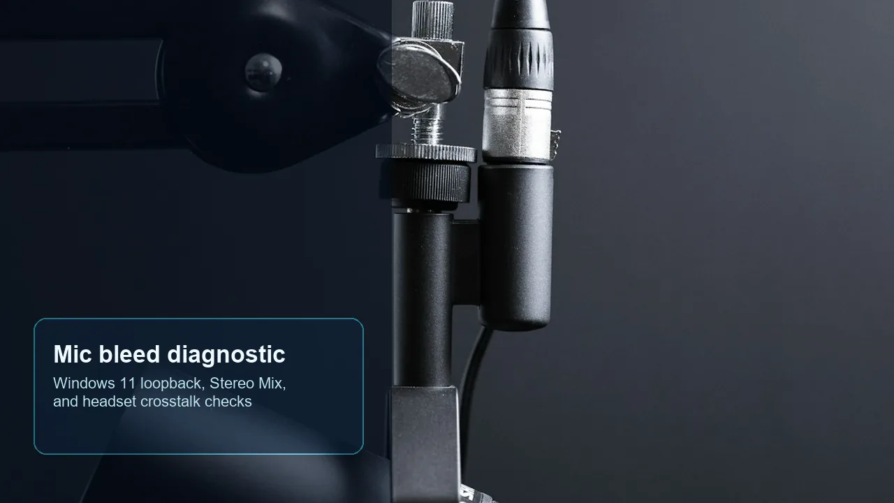 Studio microphone setup used to diagnose Windows 11 desktop audio bleeding into microphone input