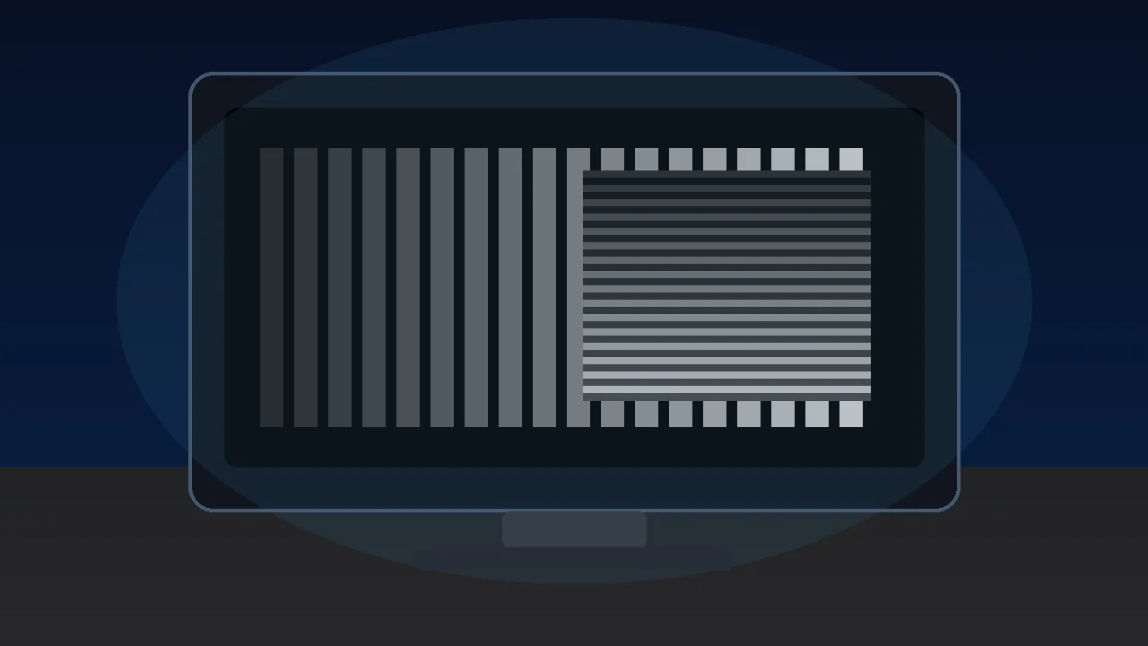 Dark monitor showing grayscale gamma bars and a stripe-blend pattern for a monitor gamma test