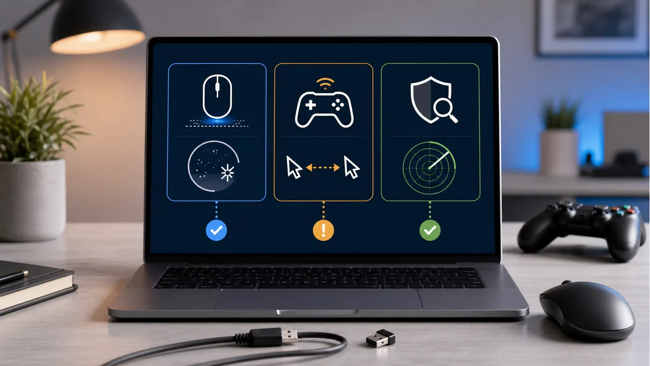 Troubleshooting visual comparing mouse sensor, controller input, and security scan causes of cursor drift