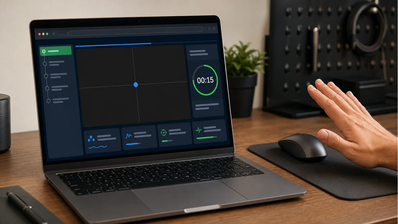 Laptop showing a mouse drift test workflow while a hand stays away from the mouse