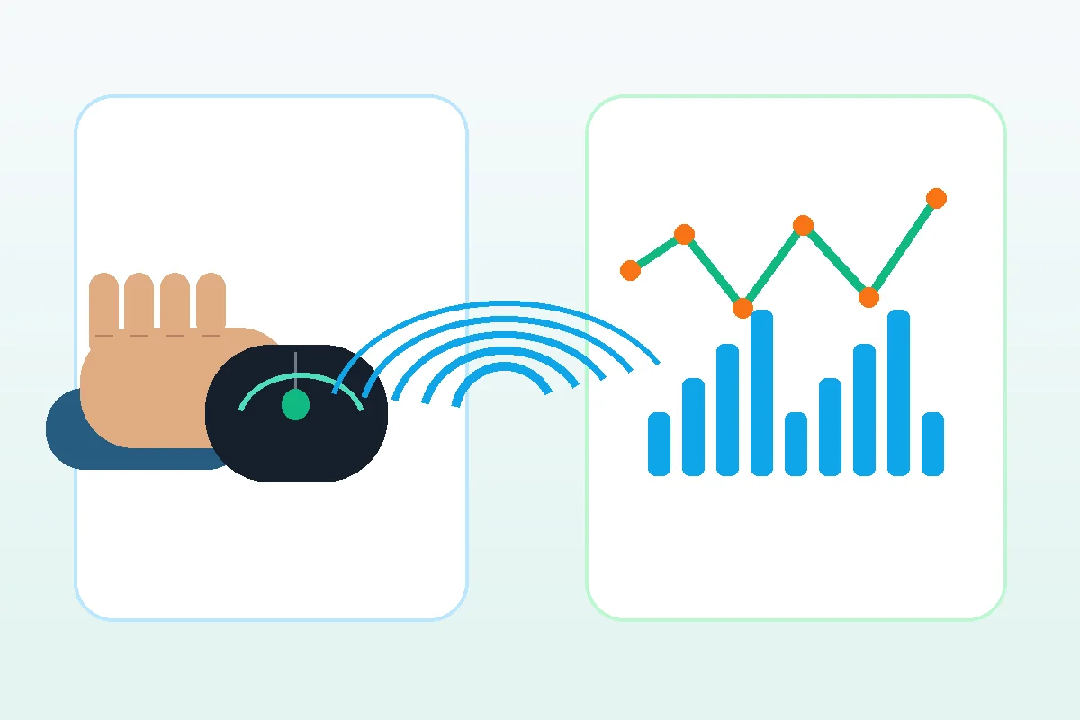 Text-free illustration of a hand moving a mouse in circles while a browser records movement samples