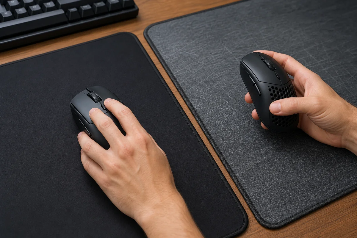 Two different gaming mice on different mousepads showing why the same DPI can feel different