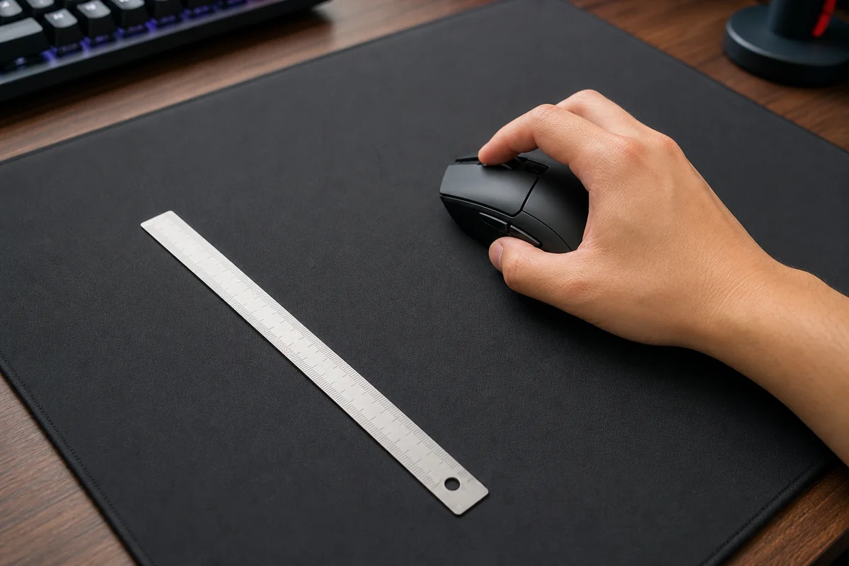 Hand moving a gaming mouse beside a ruler for a repeatable same DPI measurement run