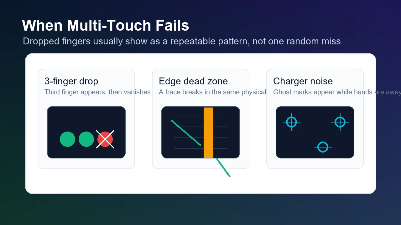 Diagram showing dropped third finger, edge dead zone, and charger noise touch failures