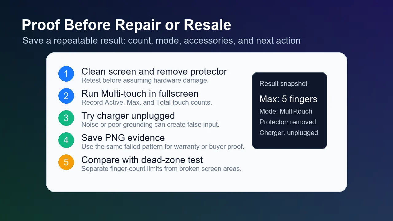 Checklist for saving multi-touch test proof before repair or resale