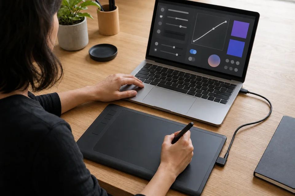 Artist working at a desk with a pen tablet beside a laptop, adjusting drawing-app and driver settings