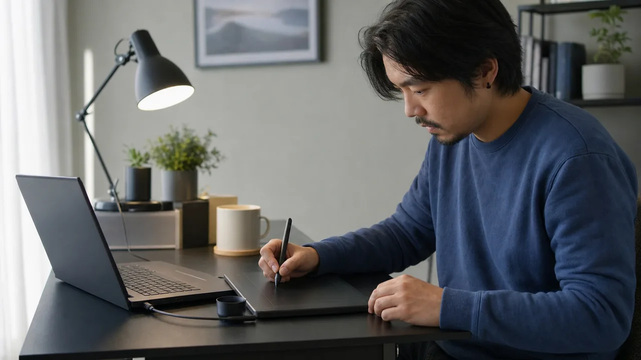 Digital artist troubleshooting stylus pressure on a drawing tablet