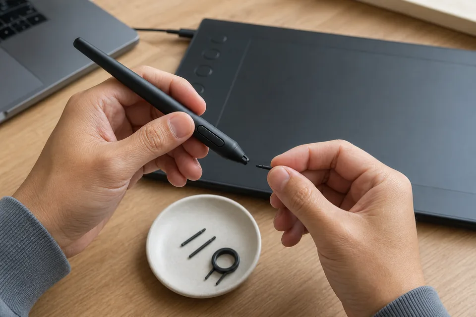 Stylus resting on a drawing tablet, ready for a nib change and hardware check