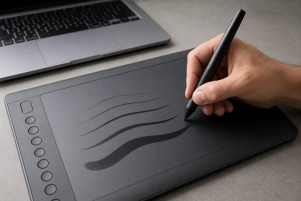 Close-up of a hand drawing on a graphics tablet with a stylus while a live pressure reading is checked