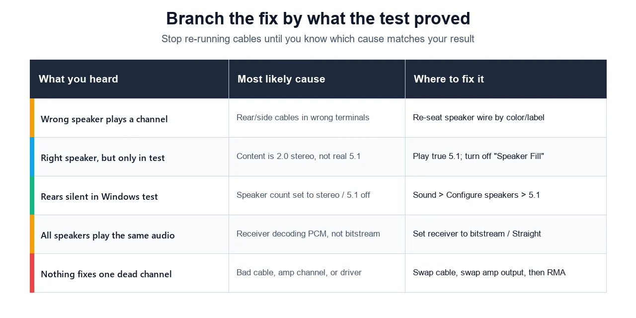 Surround sound symptom table mapping channel problems to likely fixes
