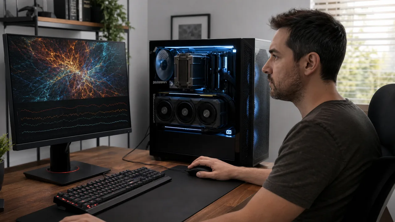 Modern graphics card in a desktop PC while its cooling and sustained performance are checked
