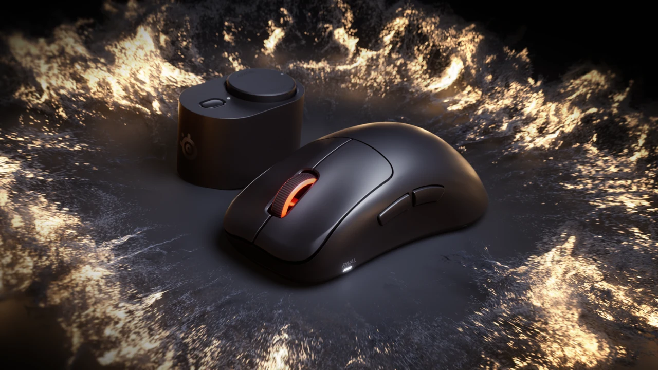Black SteelSeries Rival Pro mouse beside its wireless base station in the official launch artwork