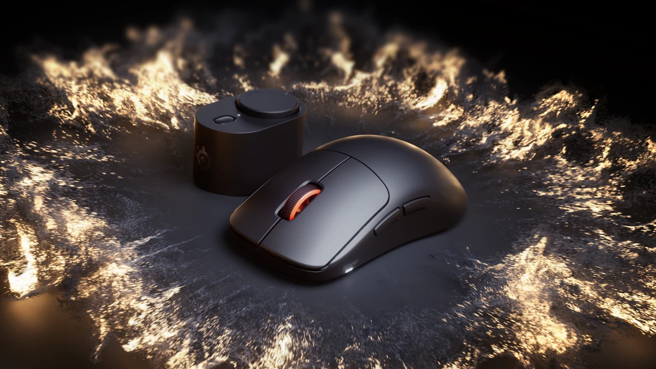 Sensei Pro mouse beside the UWB base station in official product artwork