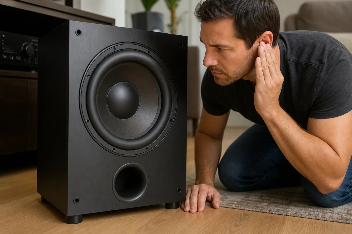 A person listening near a subwoofer cone to check for rattling during a low-volume bass test