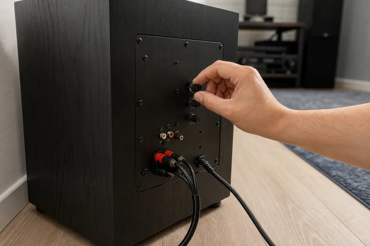 A hand safely adjusting subwoofer gain and crossover controls before a bass test