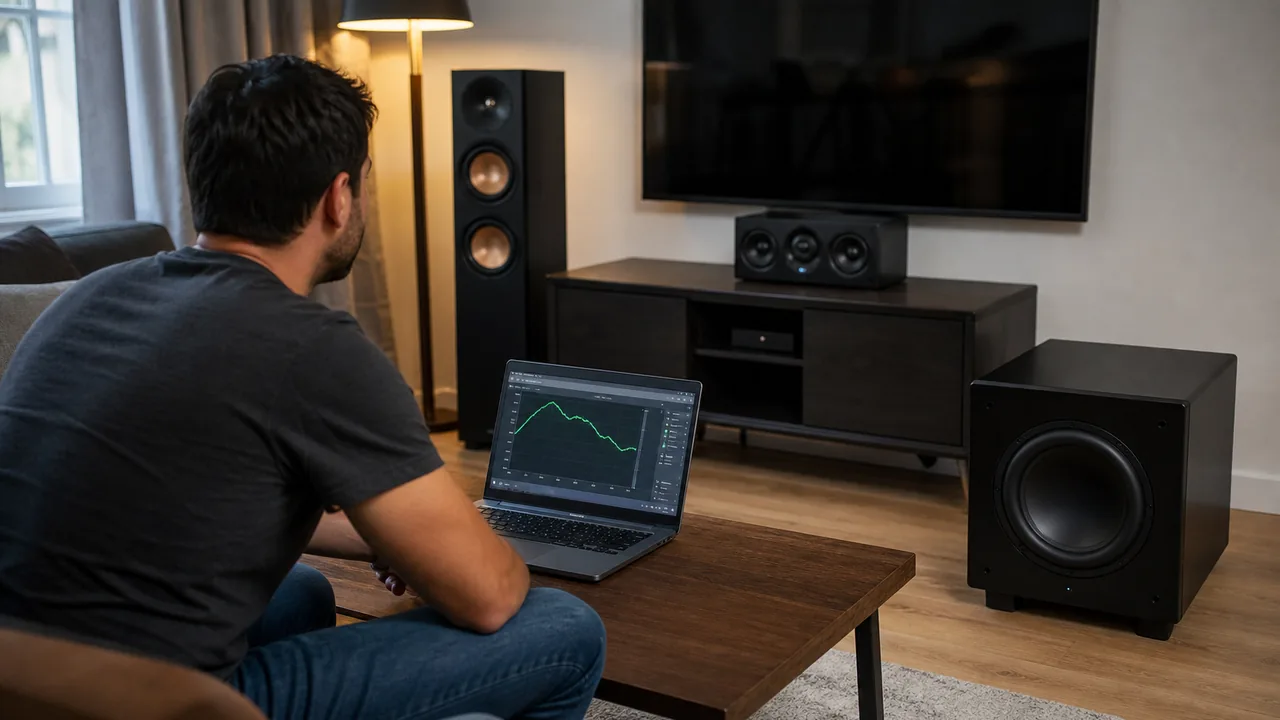 A person testing a home theater subwoofer with a laptop and speaker setup