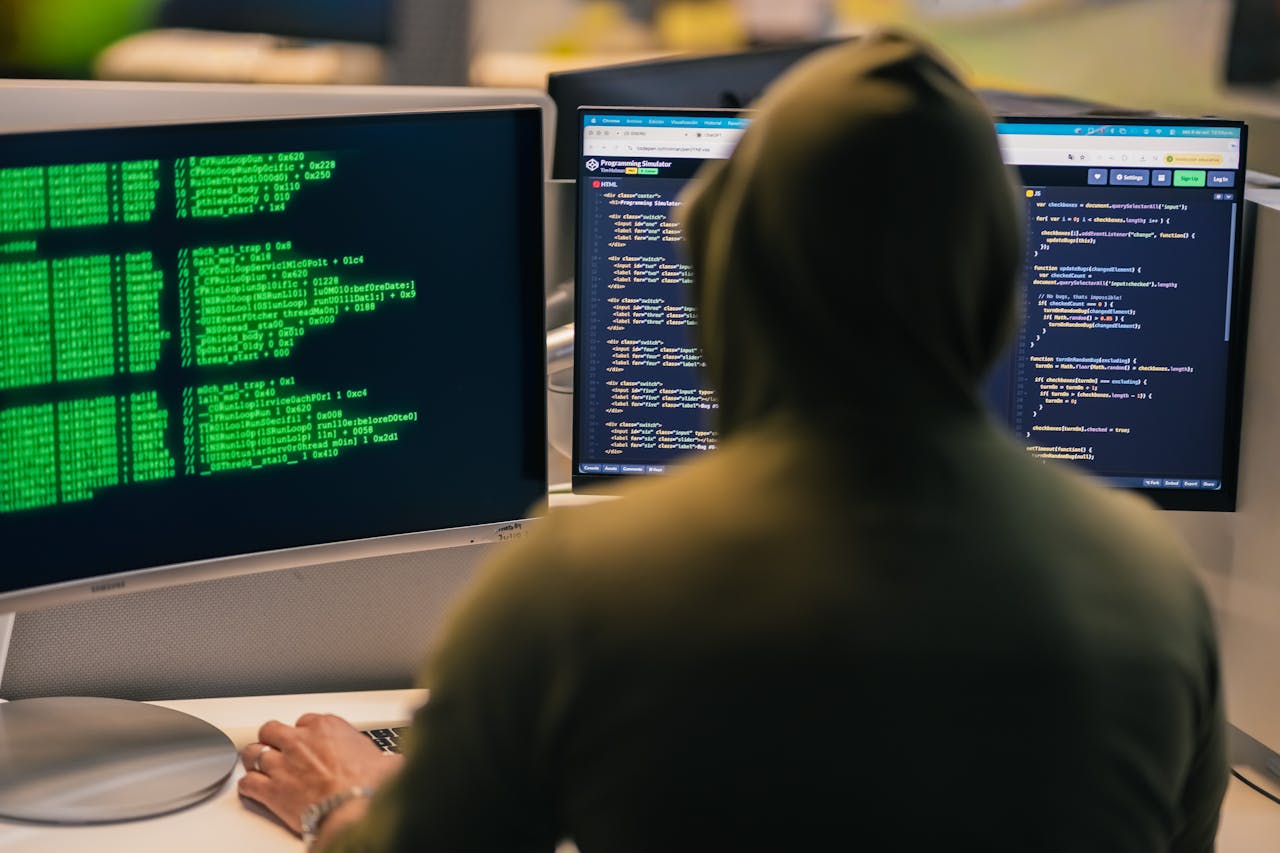 Programmer in a hoodie working on dual monitors showing code — configuring browser privacy settings to stop WebRTC IP leaks
