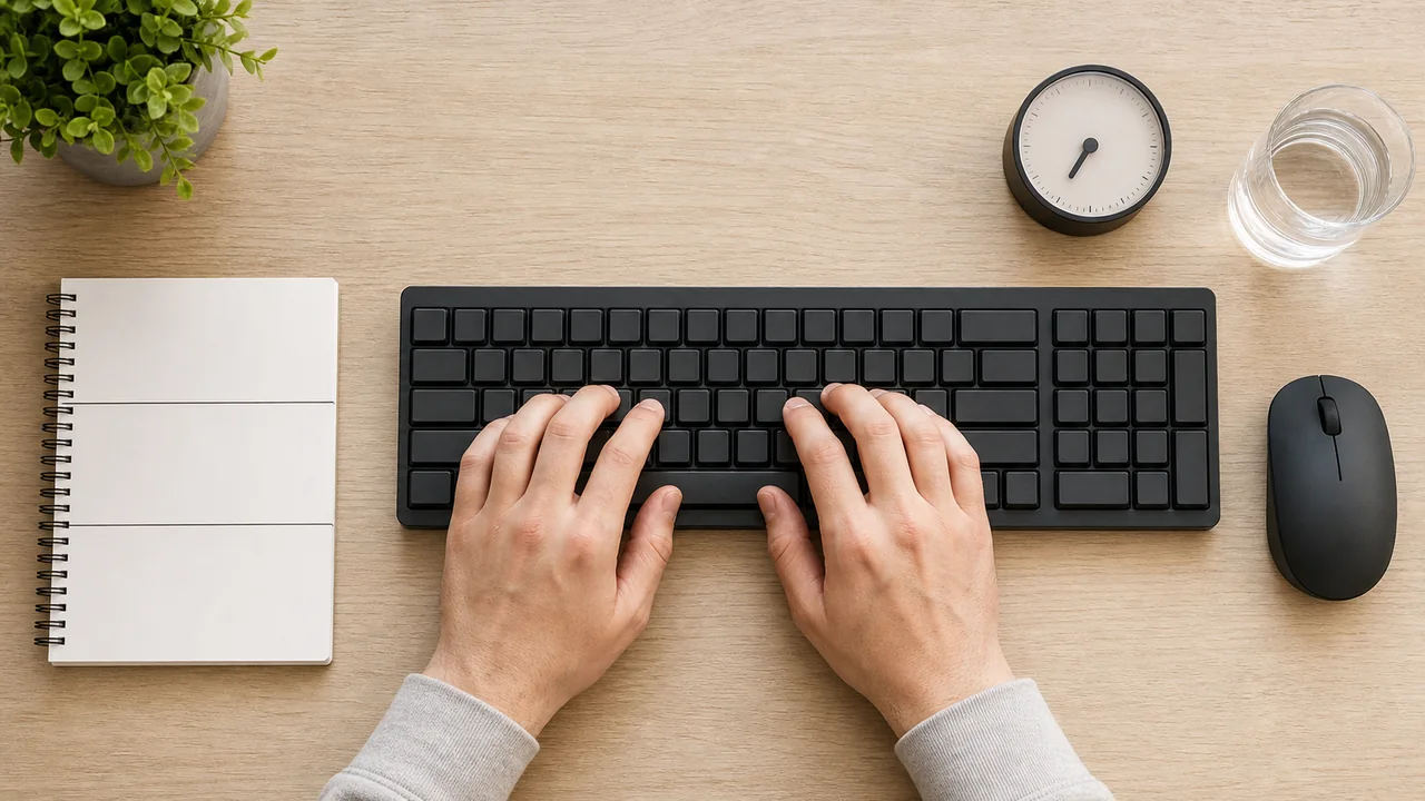 Ein unverändertes Tastatursetup mit leerem Dreizeilen-Notizbuch für drei Testläufe