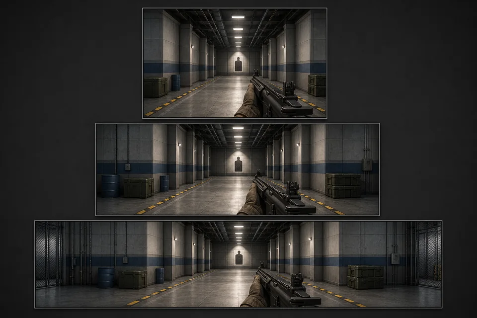 Same fictional first-person scene framed at narrow, standard and ultrawide aspect ratios