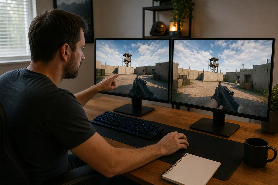 Gamer comparing landmarks in two fictional first-person games while validating matched field of view