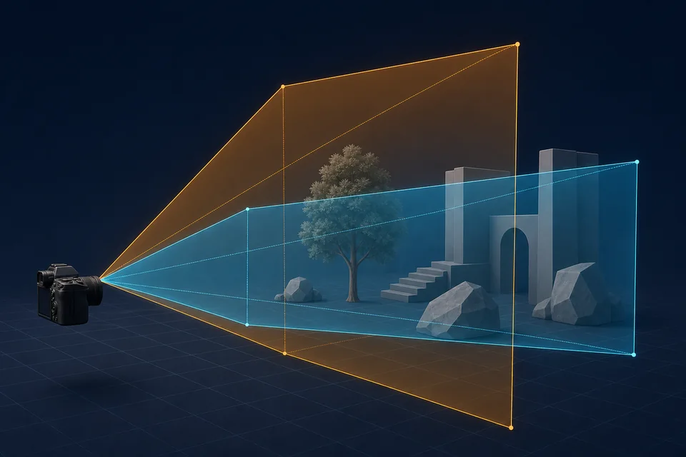 Camera frustums showing a wide horizontal angle and a tall vertical angle