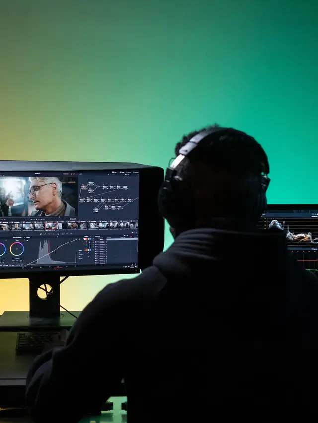 Man inspecting screen color while editing video in a dark room