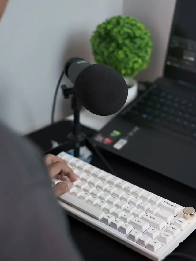Man seated with a laptop keyboard and microphone for sound analysis