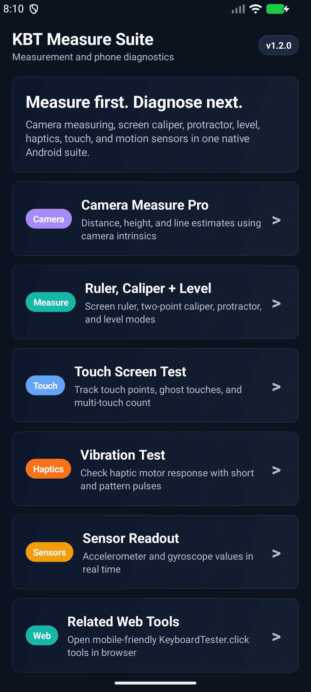 KBT Measure Suite Android app dashboard showing camera measure, ruler, touch, vibration, sensors, and related web tools